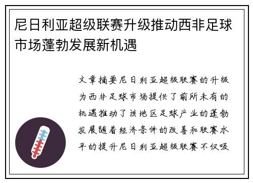 尼日利亚超级联赛升级推动西非足球市场蓬勃发展新机遇