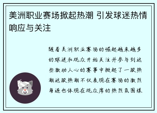 美洲职业赛场掀起热潮 引发球迷热情响应与关注
