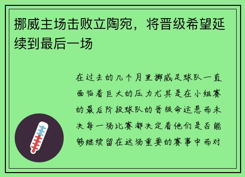 挪威主场击败立陶宛，将晋级希望延续到最后一场