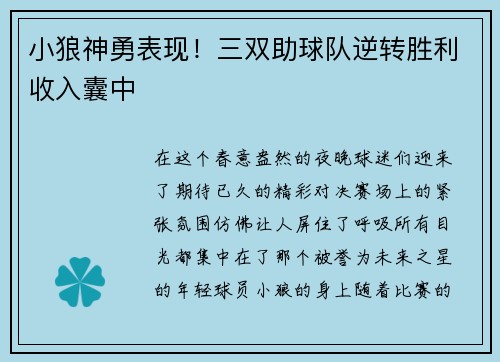 小狼神勇表现！三双助球队逆转胜利收入囊中