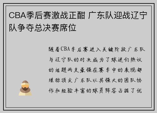 CBA季后赛激战正酣 广东队迎战辽宁队争夺总决赛席位