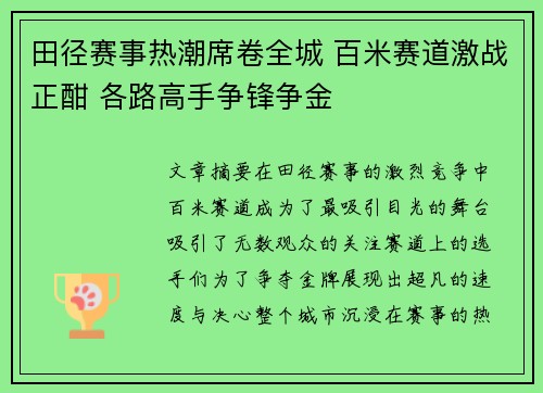 田径赛事热潮席卷全城 百米赛道激战正酣 各路高手争锋争金
