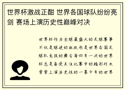 世界杯激战正酣 世界各国球队纷纷亮剑 赛场上演历史性巅峰对决